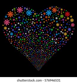 Virus fireworks with heart shape. Vector illustration style is flat bright multicolored iconic symbols on a black background. Object heart combined from confetti pictograms.
