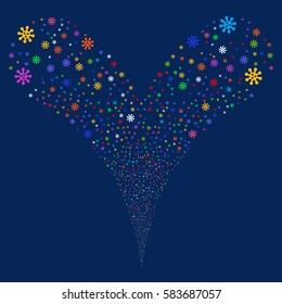 Virus fireworks stream. Vector illustration style is flat bright multicolored iconic symbols on a blue background. Object double fountain made from random pictograms.
