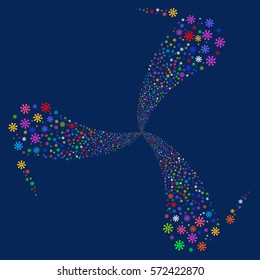 Virus fireworks swirl rotation. Vector illustration style is flat bright multicolored iconic symbols on a blue background. Object twirl combined from random pictograms.