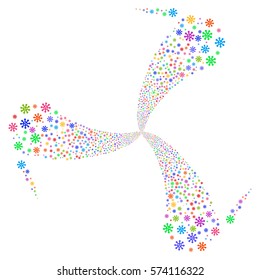 Virus fireworks swirl rotation. Vector illustration style is flat bright multicolored iconic symbols on a white background. Object spiral constructed from random icons.
