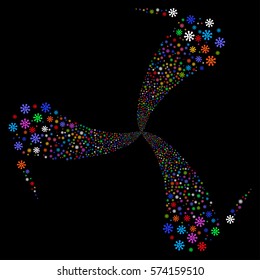 Virus fireworks swirl rotation. Vector illustration style is flat bright multicolored iconic symbols on a black background. Object spiral combined from random pictographs.