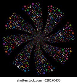 Virus fireworks swirl rotation. Vector illustration style is flat bright multicolored iconic symbols on a black background. Object spiral made from random icons.