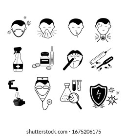 Virus and flu flat vector icons on the white background. Isolated design elements for your design.