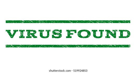 Virus Found watermark stamp. Text caption between horizontal parallel lines with grunge design style. Rubber seal stamp with unclean texture. Vector green color ink imprint on a white background.