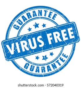 Virus free guarantee rubber stamp vector on white background. No viruses app software product or webstore, round ink imprint.