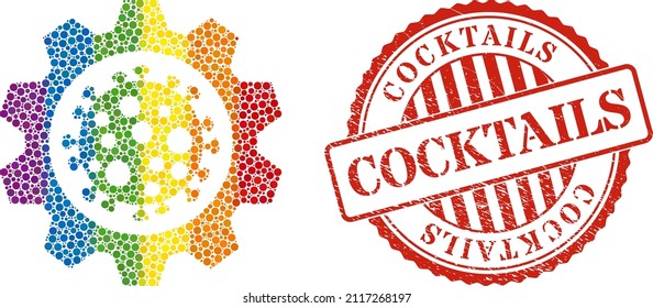 Virus gear composition icon of round dots in different sizes and rainbow bright shades. Red round grunge stamp with Cocktails caption. A dotted LGBT- colored virus gear for lesbians, gays, bisexuals,