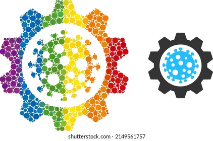 Virus Gear Mosaic Icon Of Filled Circles In Variable Sizes And Spectrum Color Tones. A Dotted LGBT-colored Virus Gear For Lesbians, Gays, Bisexuals, And Transgenders.