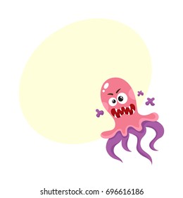 Virus, germ, bacteria, pathogen character with human face and tentacles, cartoon vector illustration with space for text. Scary bacteria, virus, germ monster with human face, tentacles, sharp teeth