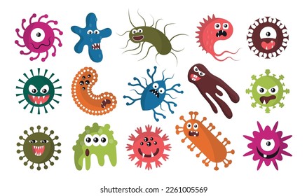 Virus germ characters, coronavirus and flu bacteria. Funny pathogenic bacterium, cute mood cell, comic cancer monster. Circle microbe cells. Vector cartoon flat current illustration