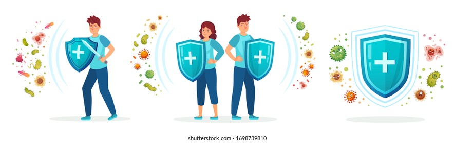 Virus germs and bacteria protection. Healthy immune system, adult man and woman protected from viruses and bacterias by immunity shield vector iilustration set. Person resistant and prevention disease