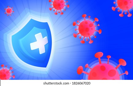 Virus germs and bacteria protection. Healthy immune system. Resistant and prevention disease. Hygienic shield symbols or icons are protected against viruses. Shield protecting novel coronavirus. 