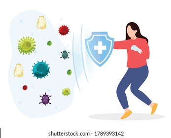 Virus germs and bacteria protection. women protected from viruses  by immunity shield vector iilustration.