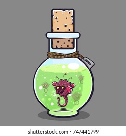Virus and germs in the flask or bottle, vector illustration isolated on gray background with shadow