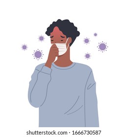 Virus Germs Spread In The Air. Man Wearing Masks And Coughing. Vector Illustration In A Flat Style