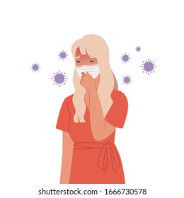 Virus germs spread in the air. Woman wearing masks and coughing. Vector illustration in a flat style