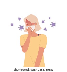 Virus germs spread in the air. Woman wearing masks and coughing. Vector illustration in a flat style