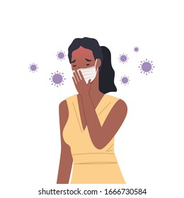 Virus germs spread in the air. Woman wearing masks and coughing. Vector illustration in a flat style