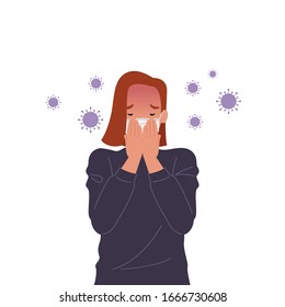 Virus germs spread in the air. Woman wearing masks and coughing. Vector illustration in a flat style