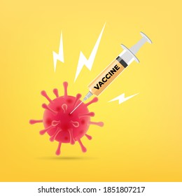 El virus es apuñalado y asesinado por la vacuna. Vacuna contra el coronavirus.