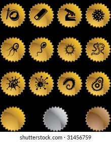 Virus Gold Sticker Icon Set : Group of microscopic virus creatures in a simplified style.