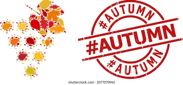 Virus Grape Bunch mosaic icon organized for fall seasonwith hashtag AUTUMN textured stamp seal. Vector virus grape bunch mosaic is organized with random autumn maple and oak leaves.