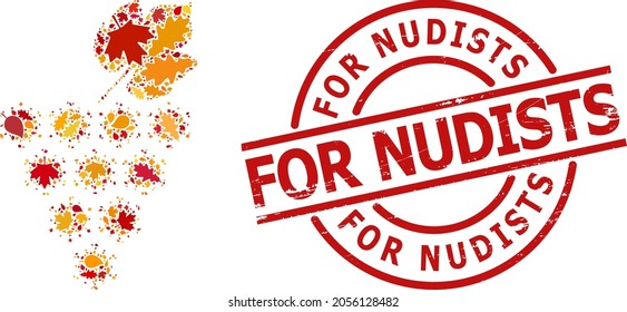 Virus Grapes Bunch mosaic icon created for fall season, and For Nudists scratched stamp seal. Vector virus grapes bunch mosaic is done with scattered fall maple and oak leaves.