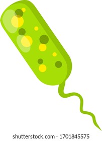 Virus y bacterias verdes. Agente causal. Microorganismo bajo un microscopio con flagela. Microbio peligroso. Icono científico y médico. Dibujo plano de caricatura