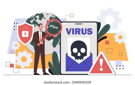 Virus hacker attack concept. Man in suit with magnifying glass near smartphone screen and planet. Protection of personal data and information on internet. Cartoon flat vector illustration