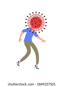 Viruskopf, Konzept des Coronavirus, Panik beim pandemischen, maskllosen Mann, Seuchenpolitik .Vektorgrafik