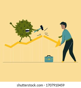 Virus hits market. Businessman tries to prevent bar graph falling in economic collapse from coronavirus. Financial crisis help concept. Vector flat illustration