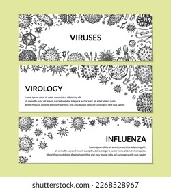 Virus horizontal background in sketch style. Hand drawn bacteria, germ, microorganism. Microbiology scientific design. Vector illustration in sketch style