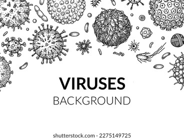 Fondo horizontal de virus en el estilo de esbozo. Bacterias extraídas a mano, germen, microorganismo. Diseño científico de la microbiología. Ilustración vectorial en el estilo de esbozo