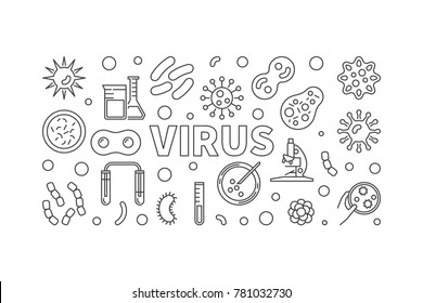 Virus Horizontal Linear Illustration. Vector Concept Banner Made With Viruses And Bacterias Outline Icons