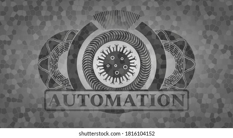Virus icon and Automation text grey color stone wall emblem. Rock fancy background. Illustration. 