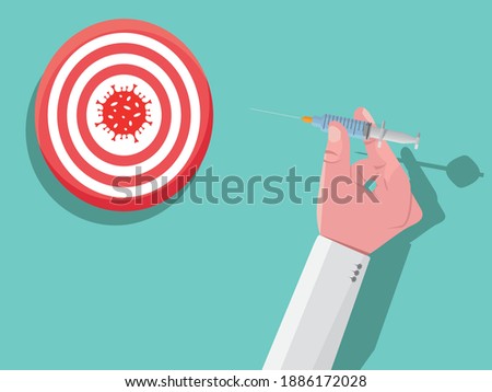 Virus icon behind the red circular dart board. Throwing vaccination needles in the middle of the dartboard. Vaccination message. Hit the virus exactly 10 from the modern design.