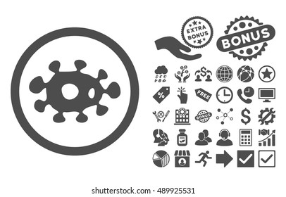 Virus icon with bonus pictogram. Vector illustration style is flat iconic symbols, gray color, white background.