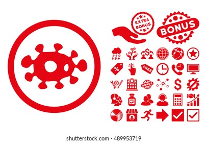 Virus icon with bonus pictures. Vector illustration style is flat iconic symbols, red color, white background.