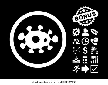 Virus icon with bonus icon set. Vector illustration style is flat iconic symbols, white color, black background.
