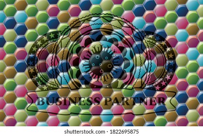 Virus icon and Business Partner text Colorful candy multicolored emblem.Hexagon delicate background. Intense illustration. 