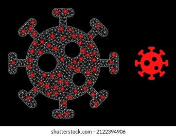 Virus icon and glare mesh virus model with illuminated spots. Illuminated model done from virus vector icon and triangle mesh. Flare frame virus, on a black background.