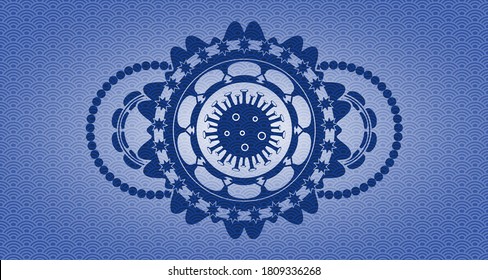 Virus icon inside blue color japan pattern realistic emblem. Geometric fancy background. Intense illustration. 