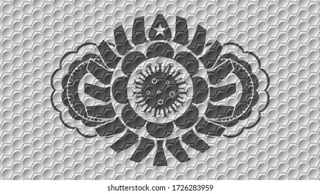 Virus icon inside grey shiny hexagon geometric pattern realistic emblem. Trendy luxurious background. Artistic illustration. 