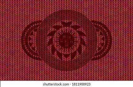 Virus icon inside Red woolen fabric realistic badge. Cloth chic background. Vector illustration. 