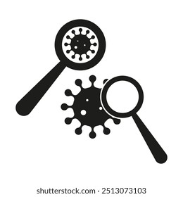 Virus icon. Magnifying glass symbol. Microscopic view concept. Monochrome medical vector design.