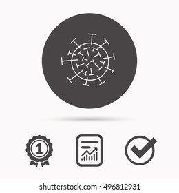 Virus icon. Molecular cell sign. Biology organism symbol. Report document, winner award and tick. Round circle button with icon. Vector
