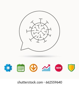 Virus icon. Molecular cell sign. Biology organism symbol. Calendar, Graph chart and Cogwheel signs. Download and Shield web icons. Vector