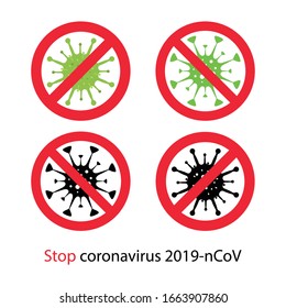 Icono de virus con signo de prohibición roja. Stop coronavirus, 2019-nCoV. Peligro del coronavirus y enfermedad de riesgo para la salud pública. 