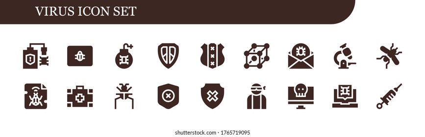 virus icon set. 18 filled virus icons. Included Virus, Spam, Shield, Cells, Microscope, Mosquito, Malware, Medical kit, Parasite, Hacker, Vaccine icons