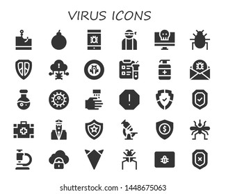 virus icon set. 30 filled virus icons.  Collection Of - Phishing, Attack, Virus, Hacker, Parasite, Shield, Science, Antiseptic, Bacteria, WASHING HANDS, Spam, Security, Medical kit