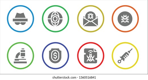virus icon set. 8 filled virus icons.  Collection Of - Hacker, Microscope, Shield, Virus, Malware, Vaccine